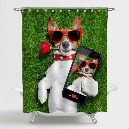 Dog with a Red Rose in His Mouth Taking a Selfie Shower Curtain- Green