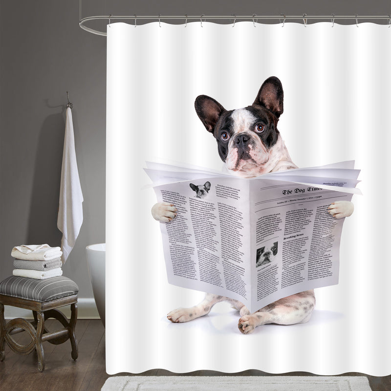 Cartoon French Bulldog Reading Newspaper Shower Curtain - Grey
