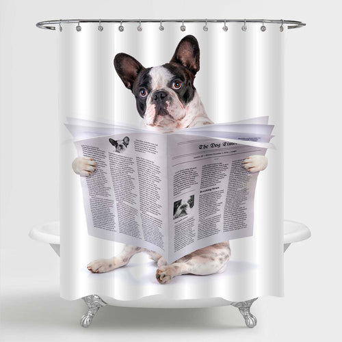 Cartoon French Bulldog Reading Newspaper Shower Curtain - Grey