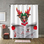 Jack Russell Dog Dressed as Santa Reading the Christmas Issue on Newspaper Shower Curtain - Red Grey