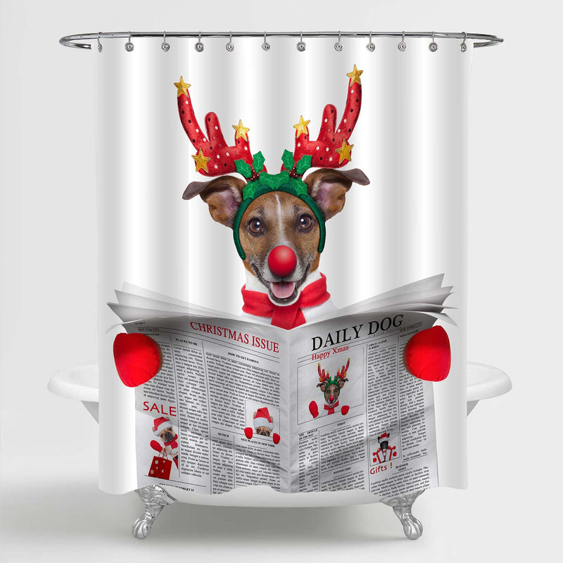 Jack Russell Dog Dressed as Santa Reading the Christmas Issue on Newspaper Shower Curtain - Red Grey