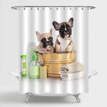 French Bulldog Puppy in Wooden Wash Basin with Soap Suds Shower Curtain - Brown