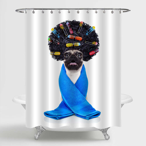 Pug Dog with Hair Rulers at Hairdresser Shower Curtain - Black Blue