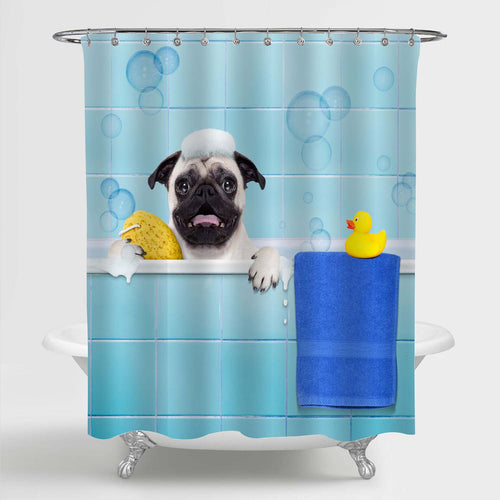 Pug Dog in a Bathtub Shower Curtain - Green