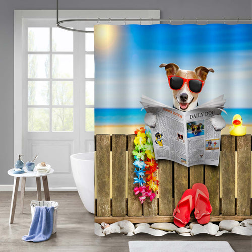 Dog Resting on a Fence at the Ocean Beach Shore Reading a Newspaper Shower Curtain - Blue Brown