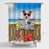Dog Resting on a Fence at the Ocean Beach Shore Reading a Newspaper Shower Curtain - Blue Brown