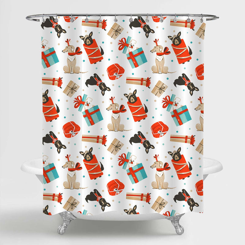 Hand Drawn Merry Christmas Time Cartoon Dogs Shower Curtain