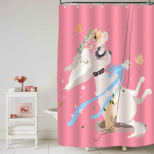 Little Girl Princess Dog on Swing Shower Curtain - Pink Beige