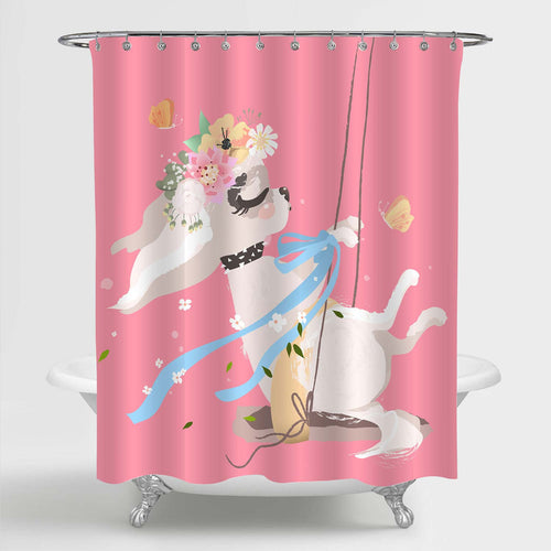 Little Girl Princess Dog on Swing Shower Curtain - Pink Beige