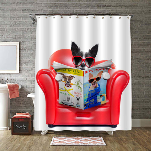 Terrier Dog Reading Magazine and Tabloids on a Red Sofa Shower Curtain - Red