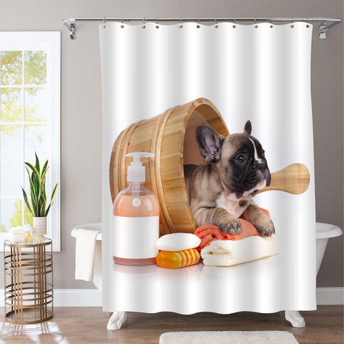 French Bulldog in Wooden Wash Basin with Soap Suds Shower Curtain - Brown