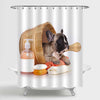 French Bulldog in Wooden Wash Basin with Soap Suds Shower Curtain - Brown