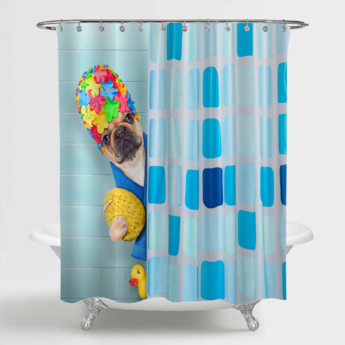 Cartoon French Bulldog  Wearing a Bathing Cap Shower Curtain - Green