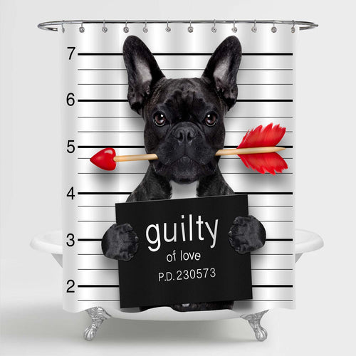 Bulldog with Rose in Mouth as a Mugshot Guilty for Love Shower Curtain - Black White