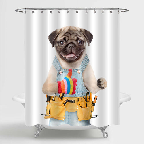 Dog Worker with Tool Belt Showing Thumbs Up Shower Curtain