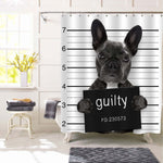 Criminal Mugshot of French Bulldog Dog at Police Station Holding Guilty Placard Shower Curtain - Black