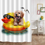 Puppy Floats on an Inflatable Duck Shower Curtain - Brown Yellow