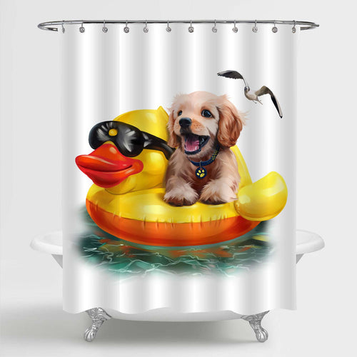 Puppy Floats on an Inflatable Duck Shower Curtain - Brown Yellow