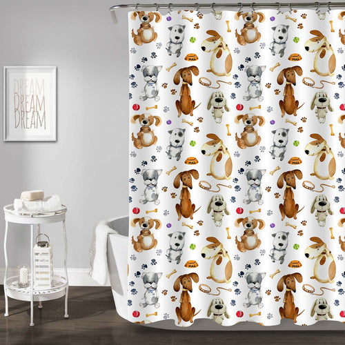 Watercolor Cartoon Dogs Pattern Shower Curtain - Brown Grey