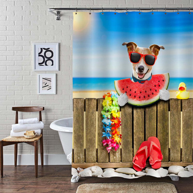 Jack Russel Dog Resting and Relaxing on a Wall or Fence at Beach Ocean Shore Shower Curtain - Blue Brown