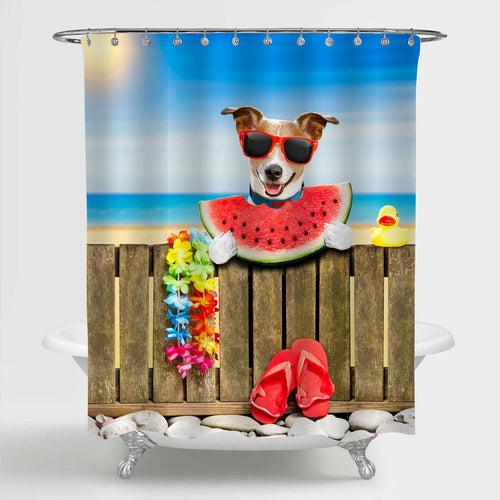 Jack Russel Dog Resting and Relaxing on a Wall or Fence at Beach Ocean Shore Shower Curtain - Blue Brown