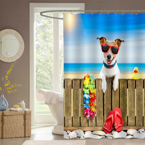 Jack Russel Dog Enjoy Summer Vacation Holidays Shower Curtain - Blue Brown