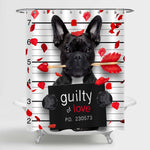 Valentines Bulldog Dog with Rose in Mouth as a Mugshot Guilty for Love Shower Curtain - Black Red