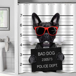 French Bulldog with a Red Sunglasses Holding a Placard While A Mugshot is Taken Shower Curtain - Black White