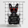 French Bulldog with a Red Sunglasses Holding a Placard While A Mugshot is Taken Shower Curtain - Black White