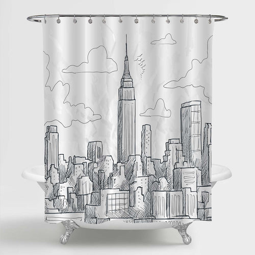 Sketchy New York Landmark Empire State Building and Skyscrapers Skyline Scenic Shower Curtain - Black White