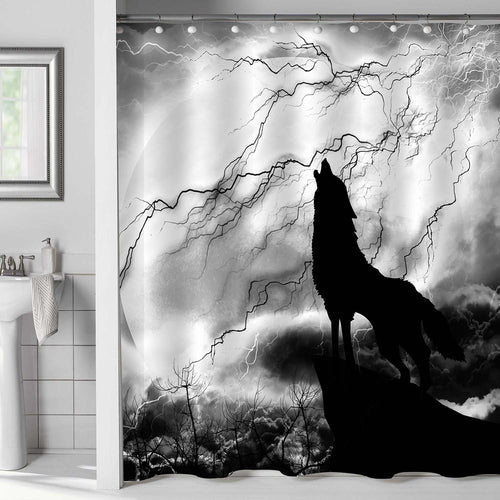 Solitary Wolf Howling to Thunderstorm Shower Curtain - Black Grey