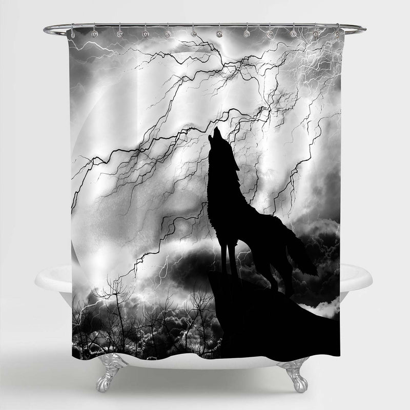 Solitary Wolf Howling to Thunderstorm Shower Curtain - Black Grey