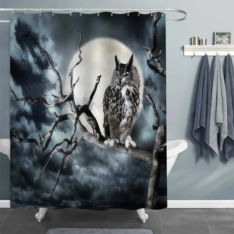 Owl Perching on a Tree Branch Against the Full Moon Shower Curtain - Grey