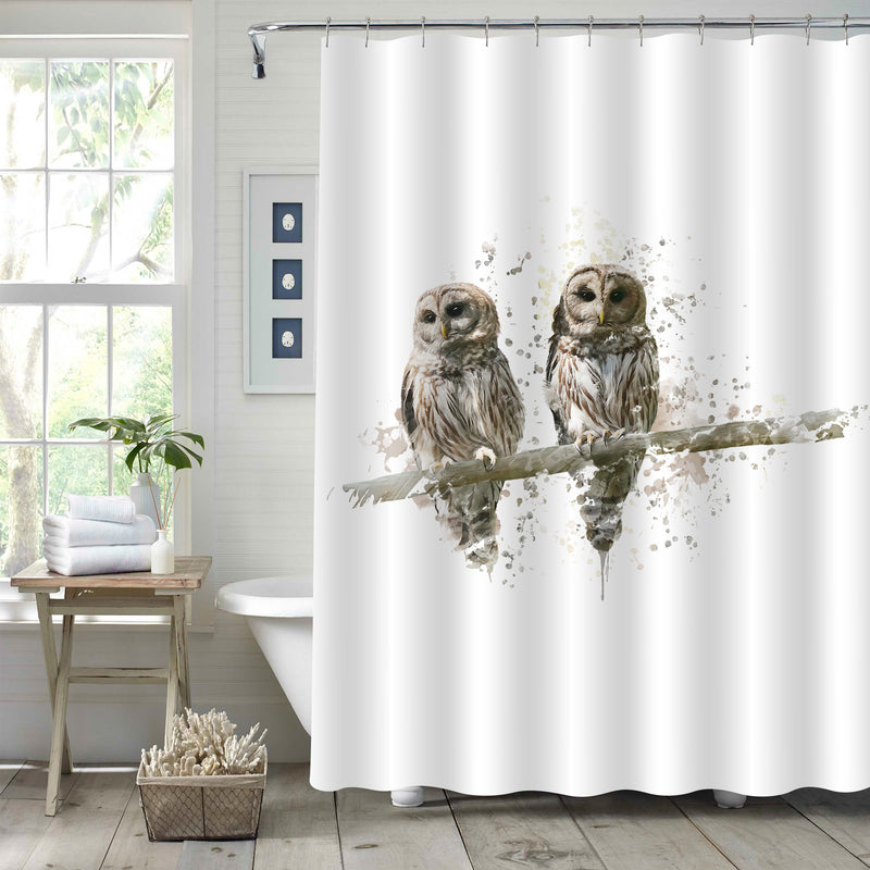 Watercolor Splash Owls Stand on the Tree Branch Shower Curtain - Beige