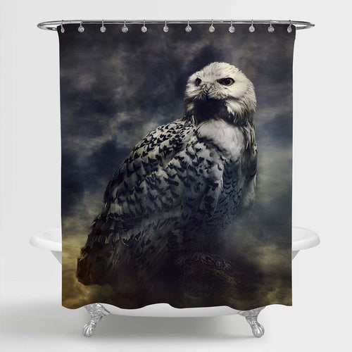 Closeup of Snowy Owl in the Fog Shower Curtain - Dark Grey