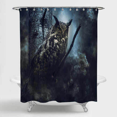 Eagle Owl on the Tree Shower Curtain - Dark Blue