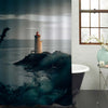 Antique Lighthouse with Concrete Path on Rocky Cliff Shower Curtain - Grey