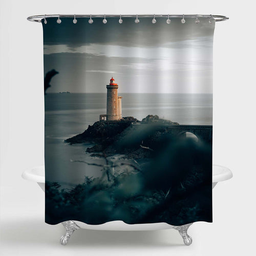 Antique Lighthouse with Concrete Path on Rocky Cliff Shower Curtain - Grey