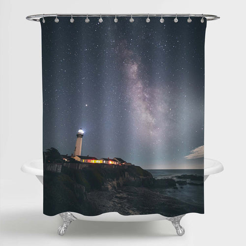 Maritime Lighthouse under Night Sky with Shining Stars Shower Curtain - Dark Grey