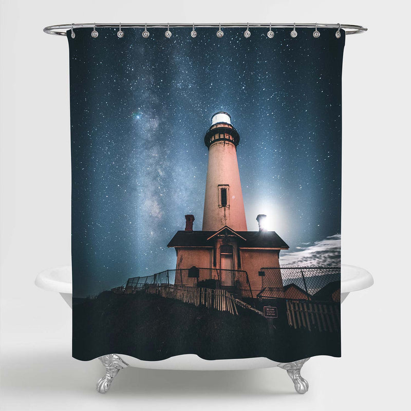 Pigeon Point Lighthouse Under Starry Sky Shower Curtain - Dark Blue