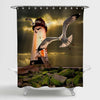 Vintage Lighthouse on the North Wales Coast with Seagull Shower Curtain - Gold Green