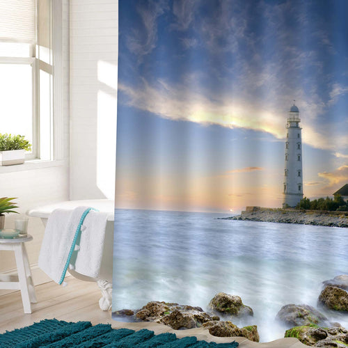 Seashore Lighthouse Near Ocean Waves and Rocks Shower Curtain - Blue