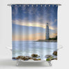 Seashore Lighthouse Near Ocean Waves and Rocks Shower Curtain - Blue