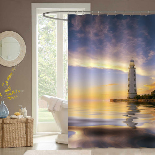 Maritime Lighthouse at Sunset Shower Curtain - Blue Gold