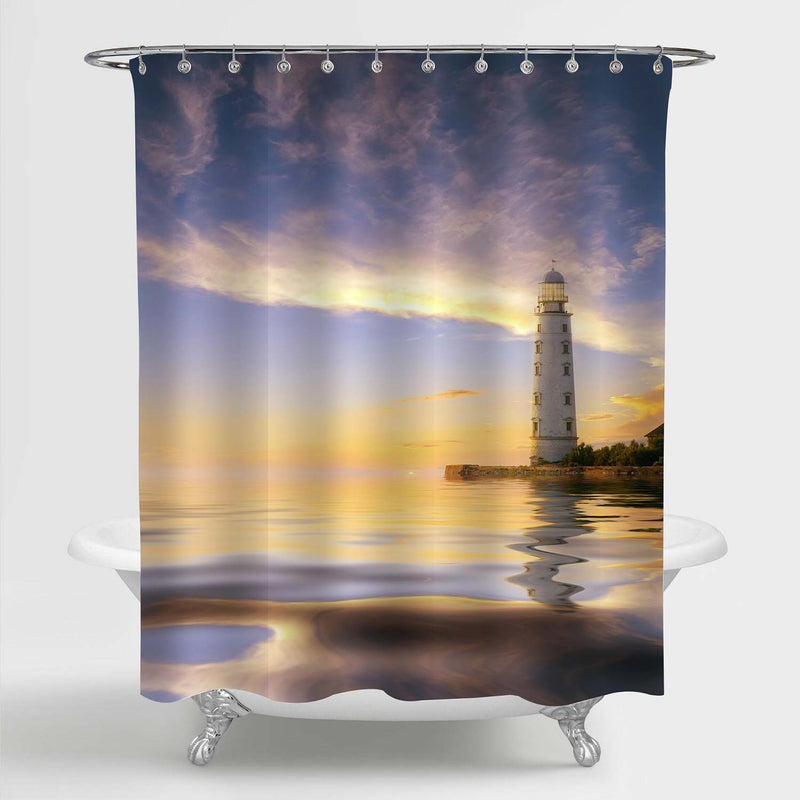 Maritime Lighthouse at Sunset Shower Curtain - Blue Gold