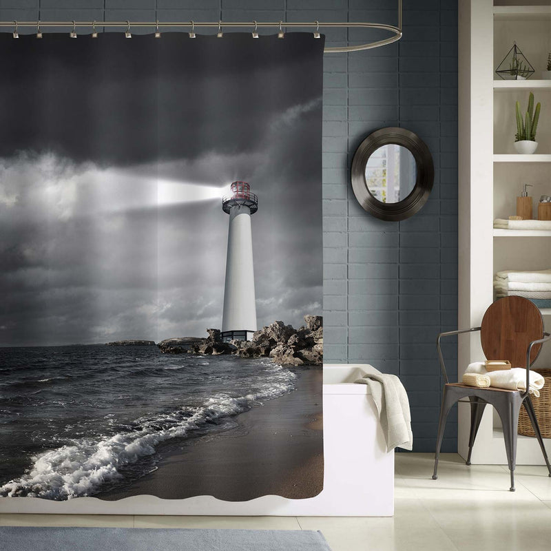 Lighthouse with a Strong Beam of Light on Sea Shore Shower Curtain - Grey
