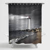 Lighthouse with a Strong Beam of Light on Sea Shore Shower Curtain - Grey