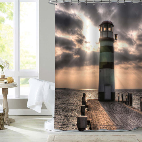 Lighthouse with Sunset Light Shower Curtain - Gold Grey