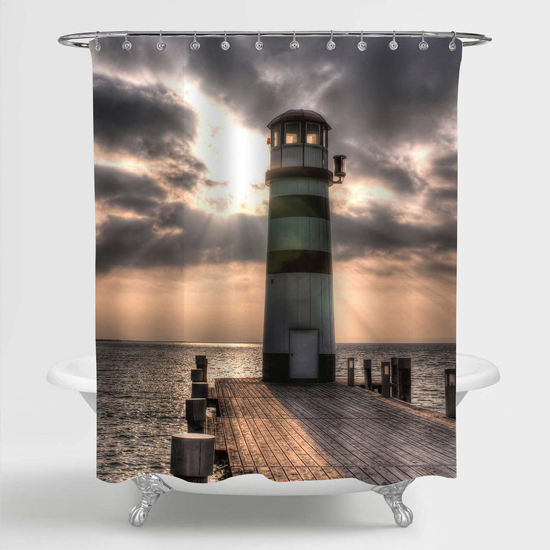 Lighthouse with Sunset Light Shower Curtain - Gold Grey