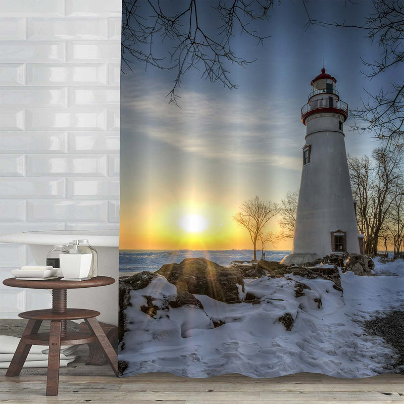 Lighthosue in Rocky Shores of Lake in Winter Shower Curtain - White Gold